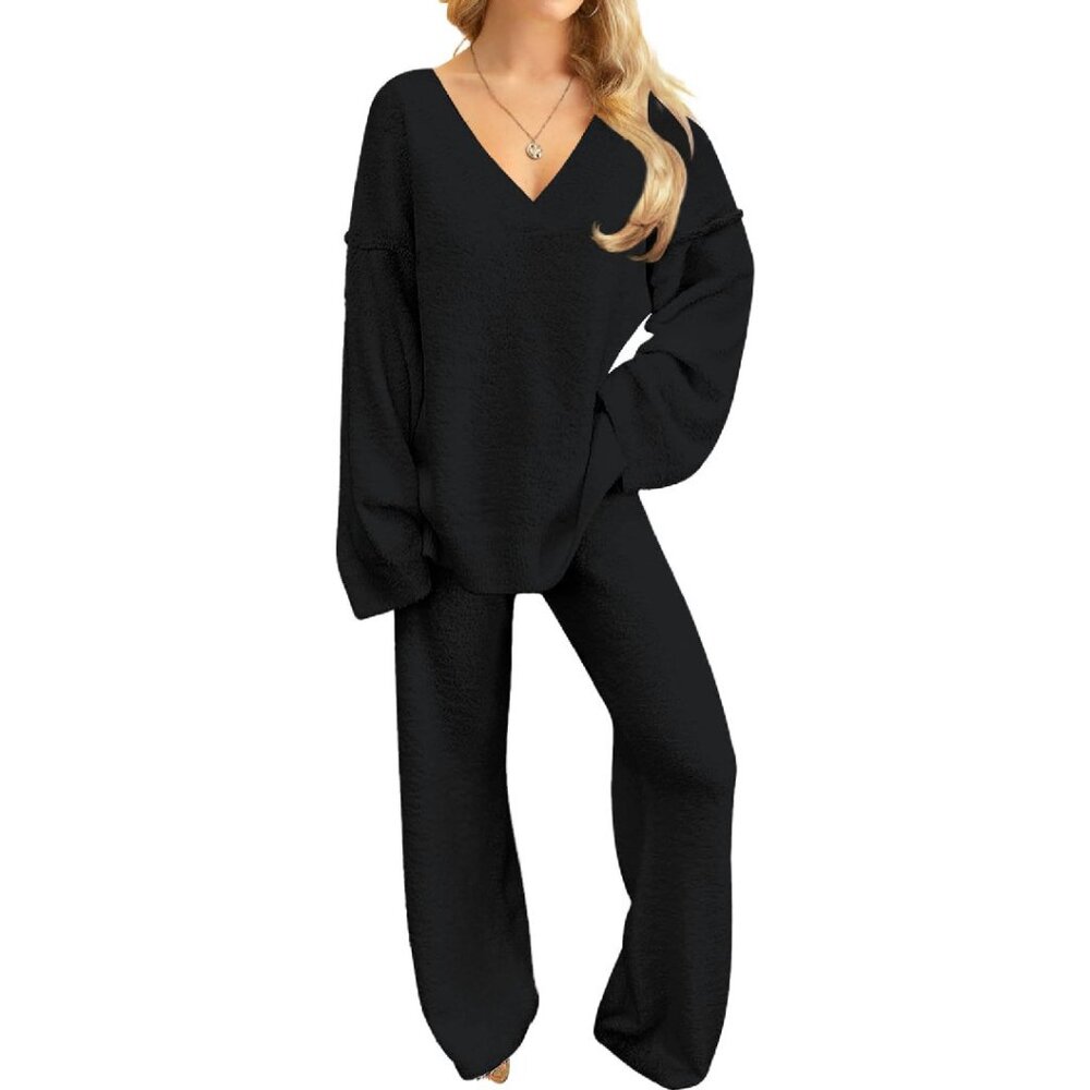 Fuzzy Fleece Lounge Set V-Neck Top Pajama Pants Cozy Loungewear
